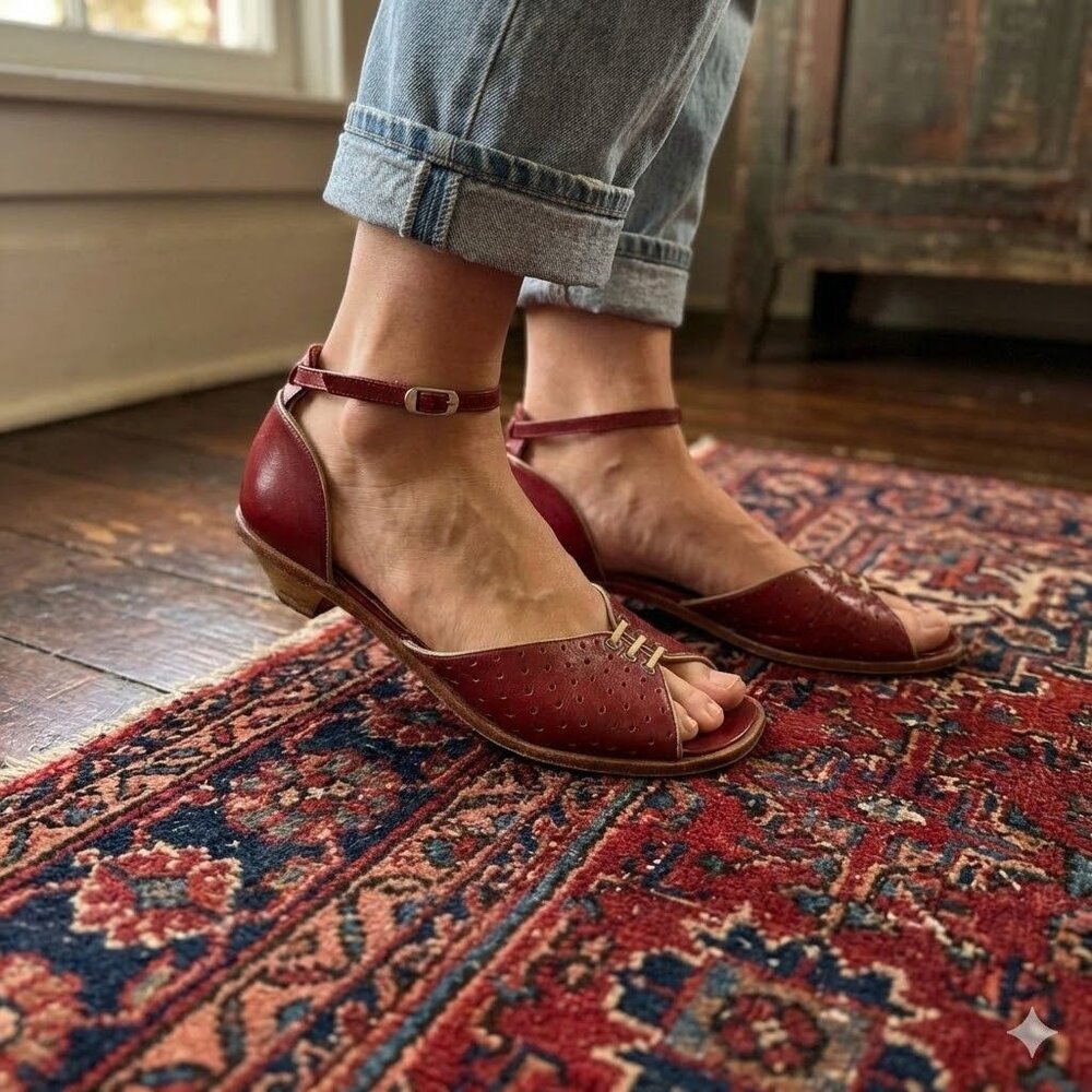 Vintage 90s Giraudon Sandals Red Leather Lace Up Twee Coquette Kitten Heel 7.5
